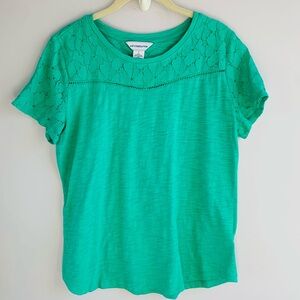 Liz Claiborne Knit Top Tee Emerald Green Shamrock Floral Lace Colorful EUC Large